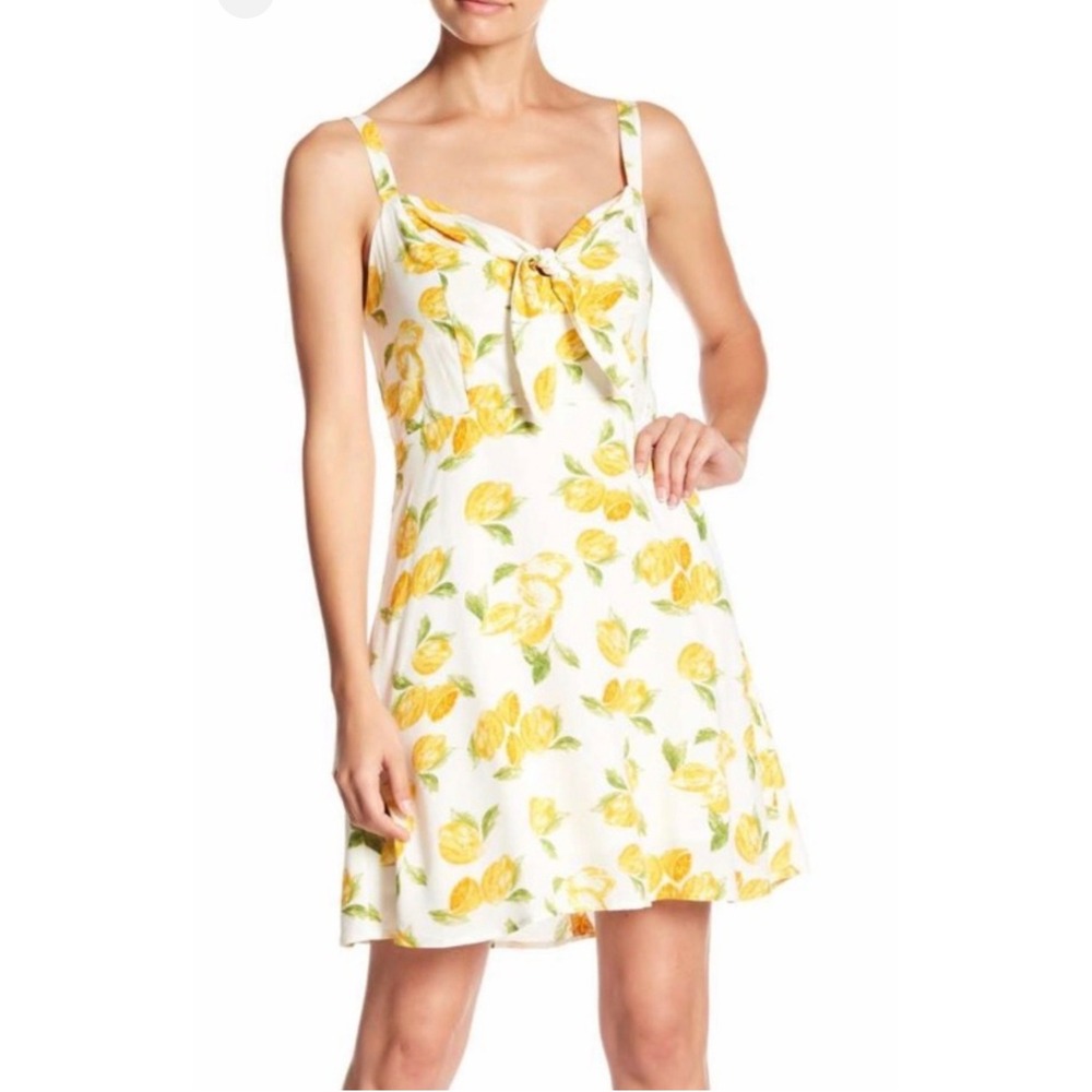 Socialite Womens Lemon Print Tie Front Mini Sundress White Yellow Size M